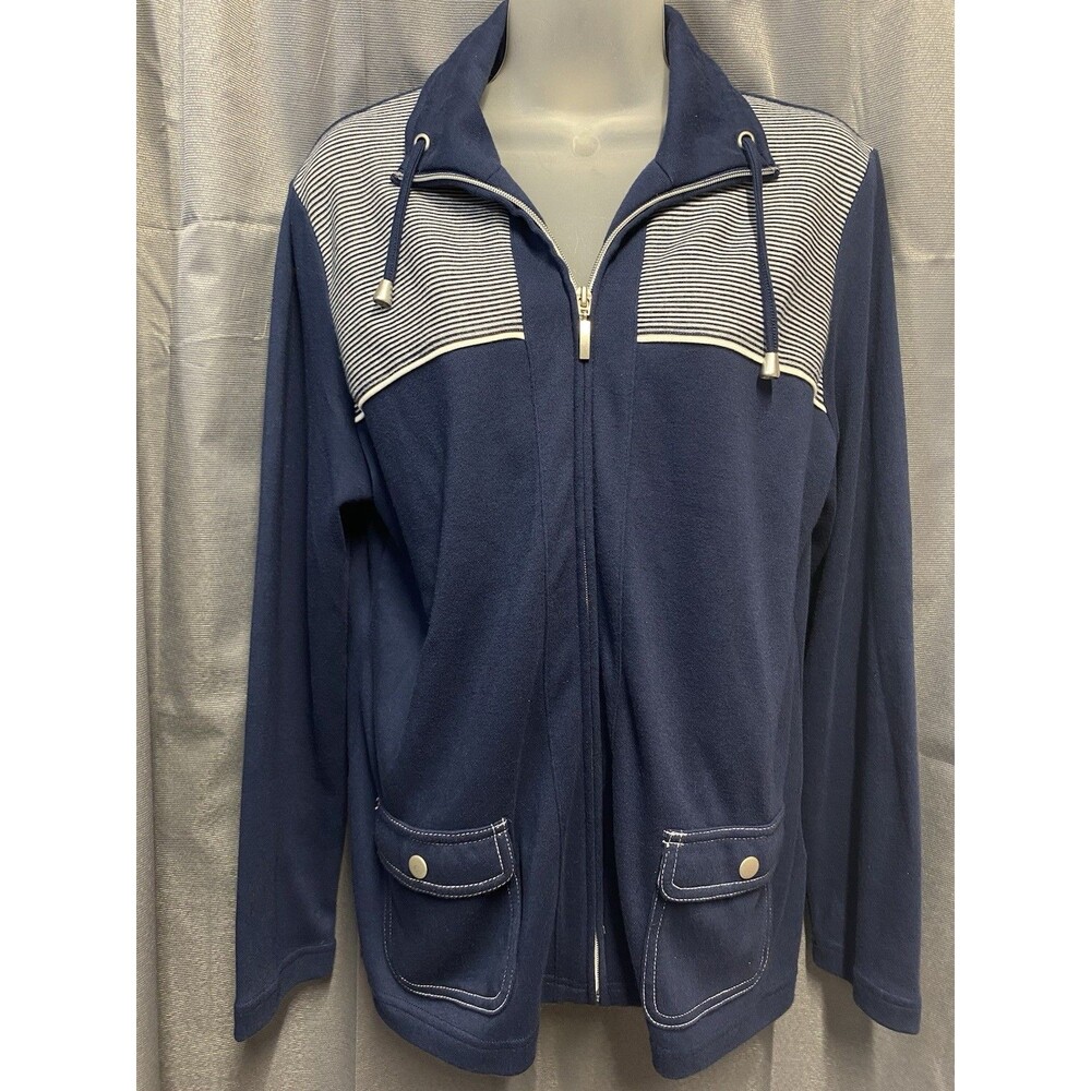 Breckenridge Petite PL Full Zip Hoodie Navy White Striped Knit Drawstring Pocket